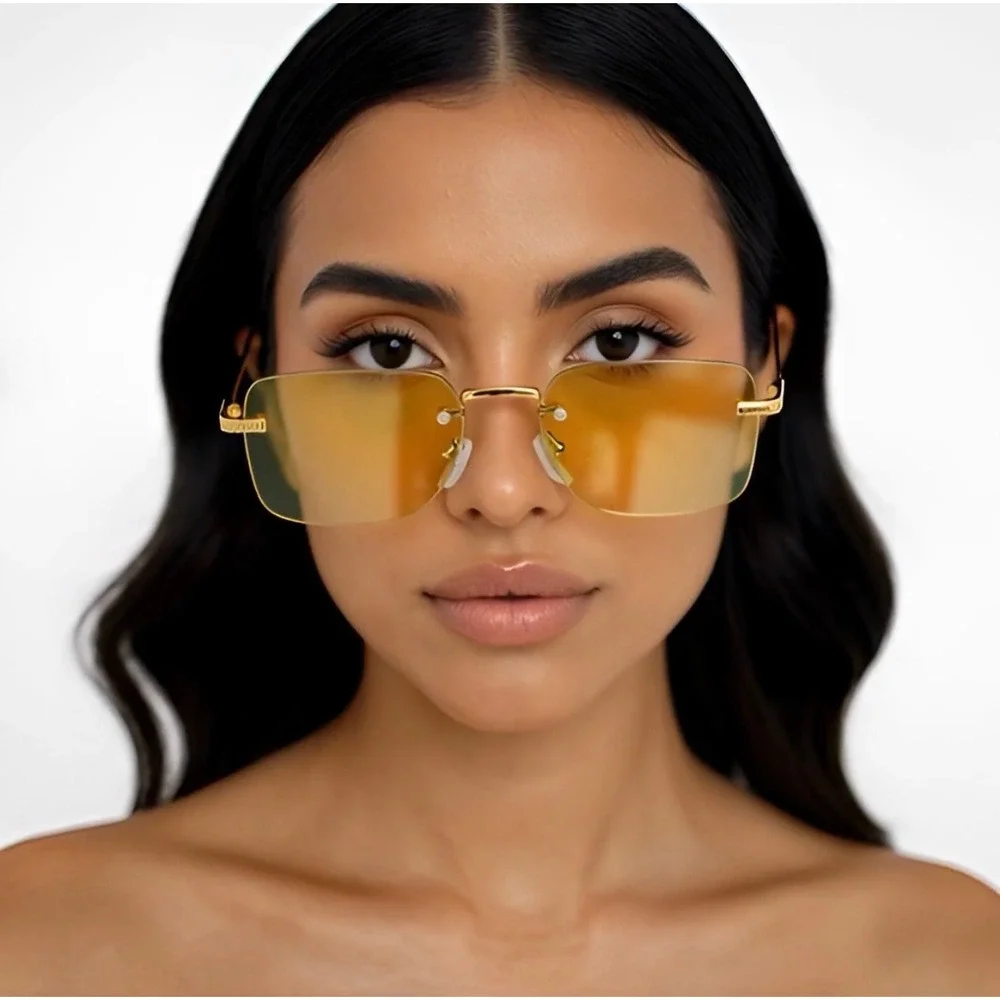 Yellow Sunglasses Uv400 Women Eyewear Narrow Small Shades Square Gold Metal 2026